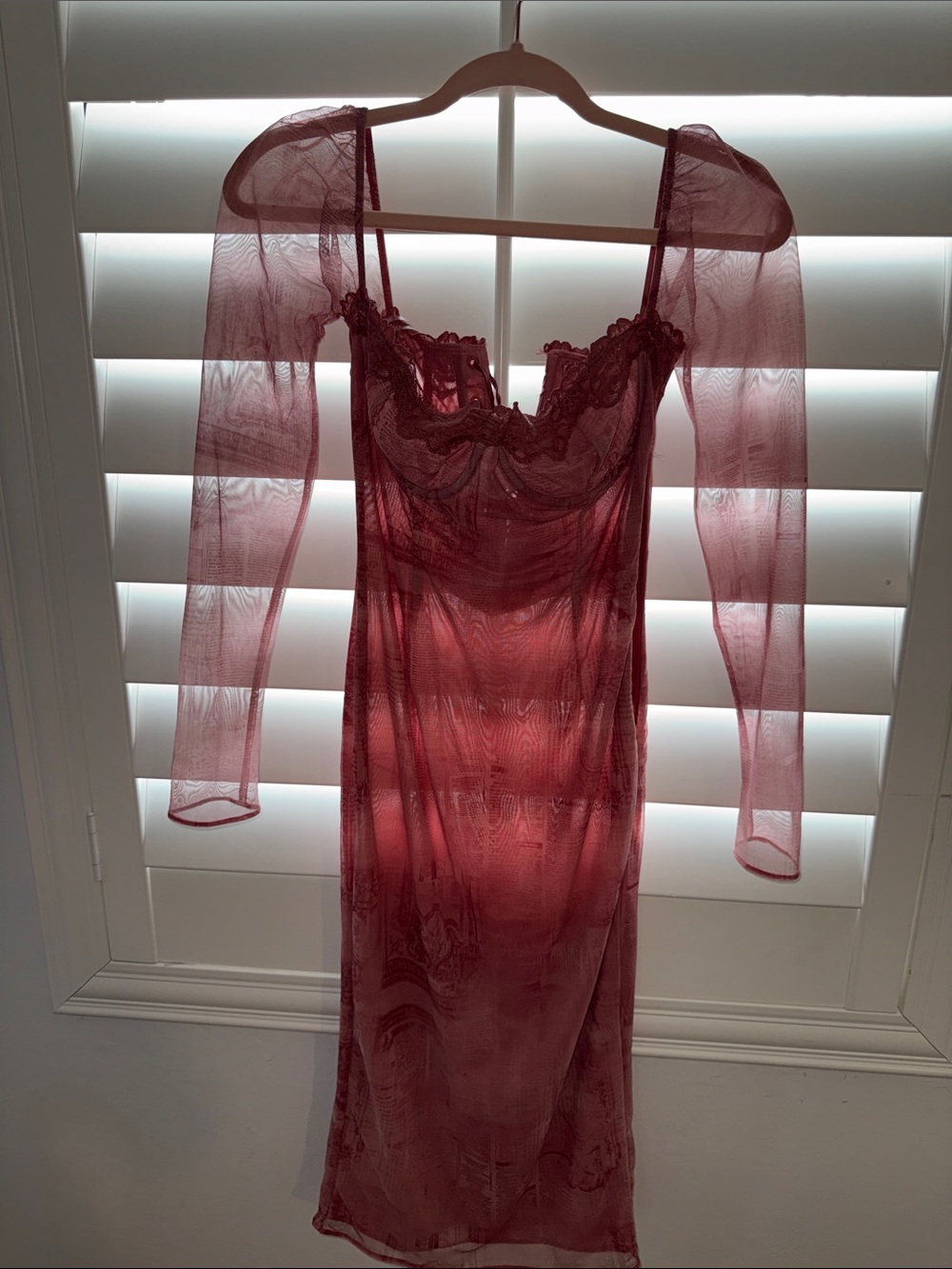 House of CB Sheer Long-Sleeve Lace-Trim Slip Dress in Rose